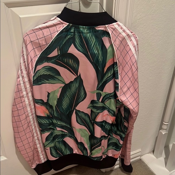 Adidas Pink and Green Leaf Print Women's Jacket - Picture 2 of 2